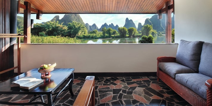 Yangshuo Mountain Retreat Yulong River corner room with oversize balcony.